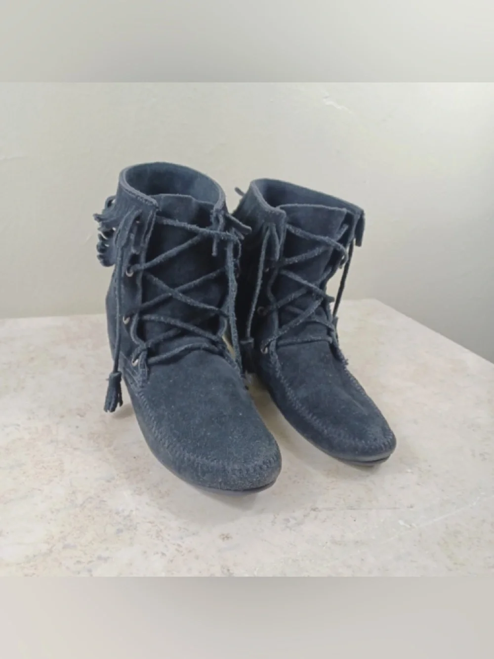 Minnetonka black Suede Fringe Lace-Up Moccasins - Picture 2 of 11